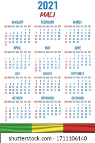 2021 year calendar with national flag of country Mali. Month, day, week. Colorful palette, trendy, simply design. Vector illustration for web, business, reminder, planner