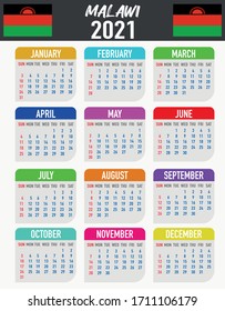 2021 year calendar with national flag of country Malawi. Month, day, week. Colorful palette, trendy, simply design. Vector illustration for web, business, reminder, planner