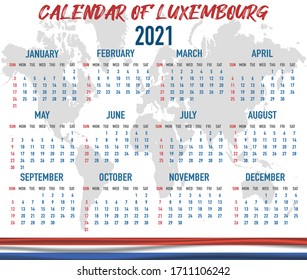 2021 year calendar with national flag of country Luxembourg. Month, day, week. Colorful palette, trendy, simply design. Vector illustration for web, business, reminder, planner