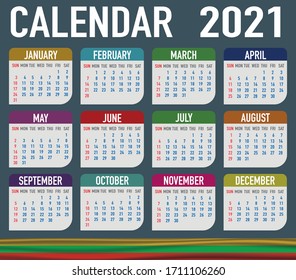 2021 year calendar with national flag of country Lithuania. Month, day, week. Colorful palette, trendy, simply design. Vector illustration for web, business, reminder, planner