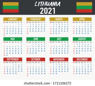 2021 year calendar with national flag of country Lithuania. Month, day, week. Colorful palette, trendy, simply design. Vector illustration for web, business, reminder, planner