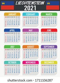 2021 year calendar with national flag of country Liechtenstein. Month, day, week. Colorful palette, trendy, simply design. Vector illustration for web, business, reminder, planner