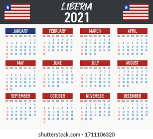 2021 year calendar with national flag of country Liberia. Month, day, week. Colorful palette, trendy, simply design. Vector illustration for web, business, reminder, planner