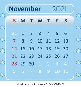 2021 year calendar november blue background vector