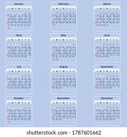 2021 year calendar over blue background vector