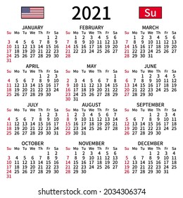 Jahreskalender 2021. Einfach, klar und groß. Englisch. Die Woche beginnt am Sonntag. Sonntag hervorgehoben. Kein Urlaub. Vektorgrafik. EPS 8, keine Farbverläufe, keine Transparenz