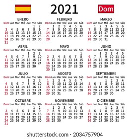 2021 year calendar. Simple, clear and big. Spanish language. Week starts on Sunday. Sunday highlighted. No holidays. Vector illustration. EPS 8, no gradients, no transparency