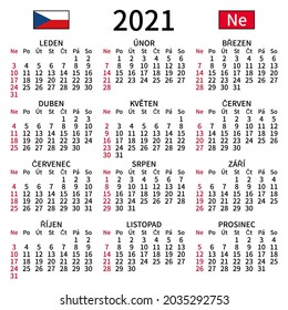 2021 year calendar. Simple, clear and big. Czech language. Week starts on Sunday. Sunday highlighted. No holidays. Vector illustration. EPS 8, no gradients, no transparency