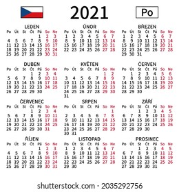 2021 year calendar. Simple, clear and big. Czech language. Week starts on Monday. Saturday and Sunday highlighted. No holidays. Vector illustration. EPS 8, no gradients, no transparency