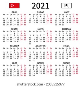2021 year calendar. Simple, clear and big. Turkish language. Week starts on Monday. Saturday and Sunday highlighted. No holidays. Vector illustration. EPS 8, no gradients, no transparency