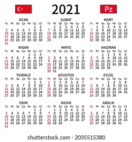Calendario de 2021 años. Sencillo, claro y grande. Idioma turco. La semana comienza el domingo. Domingo resaltado. Sin vacaciones. Ilustración vectorial. EPS 8, sin gradientes, sin transparencia