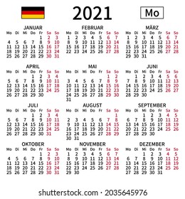 2021 year calendar. Simple, clear and big. German language. Week starts on Monday. Saturday and Sunday highlighted. No holidays. Vector illustration. EPS 8, no gradients, no transparency