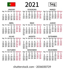 2021 year calendar. Simple, clear and big. Portuguese language. Week starts on Monday. Saturday and Sunday highlighted. No holidays. Vector illustration. EPS 8, no gradients, no transparency