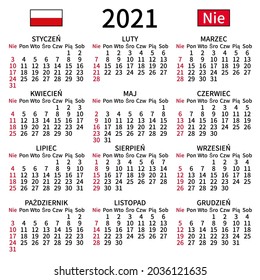 2021 year calendar. Simple, clear and big. Polish language. Week starts on Sunday. Sunday highlighted. No holidays. Vector illustration. EPS 8, no gradients, no transparency