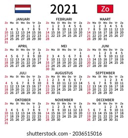 2021 year calendar. Simple, clear and big. Dutch language. Week starts on Sunday. Sunday highlighted. No holidays. Vector illustration. EPS 8, no gradients, no transparency