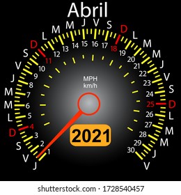 2021 year calendar speedometer car in Spanish April