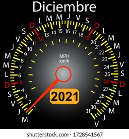 2021 year calendar speedometer car in Spanish December