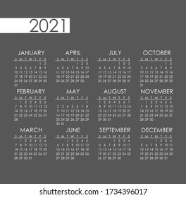 2021 year calendar. Vector illustration month business organizer year planner. Calendar schedule template.