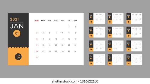 The 2021 Year Calendar Vector Template. Planner Diary in a Simple Style. Corporate, Business, Or Company Calendar. Week Starts From Sunday.