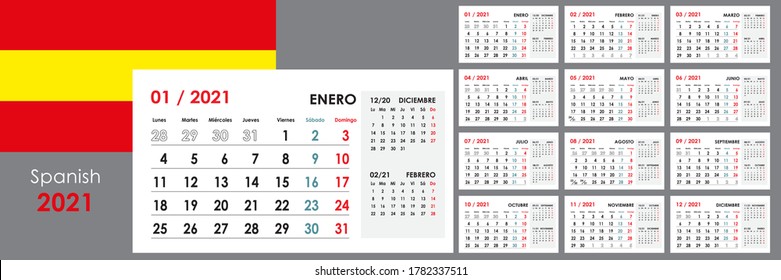 2021 year calendar. Week starts from Monday. 12 boards or cards. Organizer and planner template. Horizontal format. Spanish language.