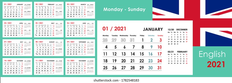 2021 year calendar. Week starts from Monday. 12 boards or cards. Organizer and planner template. Horizontal format. English language. Wall or desk design.