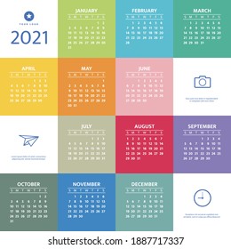 2021 Year Calendar. Week starts on Sunday. Template and Mock Up. Concept for print and WEB. Vector  illustration.