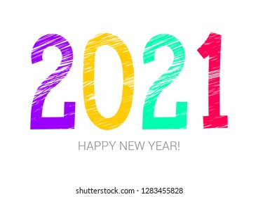 2021 year colorful symbol. Happy new year. Banner, card. Purple, yellow, green and red. Greeting card, poster. Chalk or pencil hand drawn. Doodle