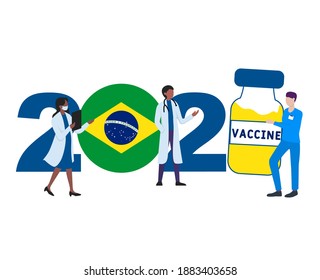 2021 year. Covid-19 vaccine with Brazil flag and doctors on white background. Brazil card on the theme of fighting the COVID-19 epidemic with the hope of receiving a vaccine by 2021