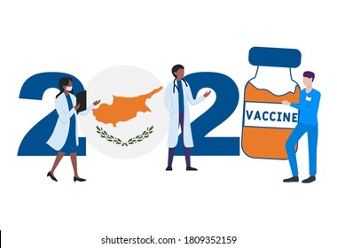 2021 year. Covid-19 vaccine with Cyprus flag and doctors on white background. Greeting card on the theme of fighting the COVID-19 epidemic with the hope of receiving a vaccine by 2021