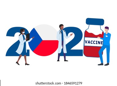 2021 year. Covid-19 vaccine with Czech flag and doctors on white background. Czech card on the theme of fighting the COVID-19 epidemic with the hope of receiving a vaccine by 2021