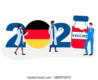 2021 year. Covid-19 vaccine with Germany flag and doctors on white background. Greeting card on the theme of fighting the COVID-19 epidemic with the hope of receiving a vaccine by 2021.