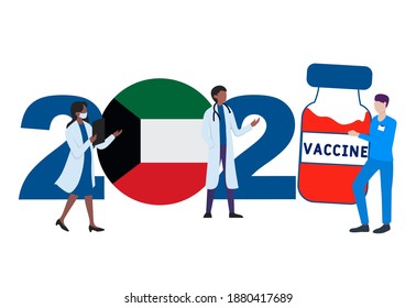 2021 year. Covid-19 vaccine with Kuwait flag and doctors on white background. Kuwait card on the theme of fighting the COVID-19 epidemic with the hope of receiving a vaccine by 2021