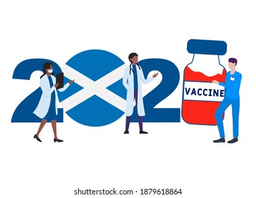 2021 year. Covid-19 vaccine with Scotland flag and doctors on white background. Scotland card on the theme of fighting the COVID-19 epidemic with the hope of receiving a vaccine by 2021