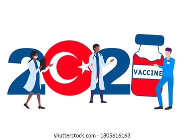 2021 year. Covid-19 vaccine with Turkey   flag and doctors on white background. Greeting card on the theme of fighting the COVID-19 epidemic with the hope of receiving a vaccine by 2021