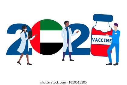 2021 year. Covid-19 vaccine with United Arab Emirates flag and doctors on white background. Greeting card on the theme of fighting the COVID-19 epidemic with the hope of receiving a vaccine by 2021