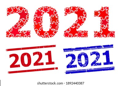 2021 year digits star mosaic and grunge 2021 seal stamps. Red and blue watermarks with grunge surface and 2021 phrase. Abstract 2021 year digits concept is designed with randomized flat star icons.