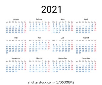 2021 year German calendar in German language. Classical, minimalistic, simple design. White background. Vector Illustration. Week starts from Monday.