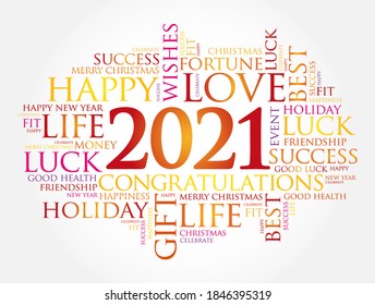 Collage de palabras de bienvenida en nube en 2021, tarjeta de saludo de la celebración de Año Nuevo Feliz