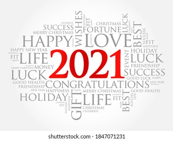 Collage de palabras de bienvenida en nube en 2021, tarjeta de saludo de la celebración de Año Nuevo Feliz