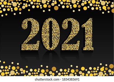 2021 year. Happy holiday symbol. Black background with gold numbers. Vector illustration.
