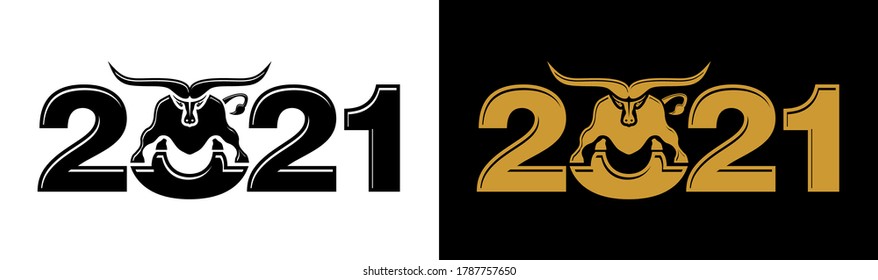 2021 year Logo design. Chinese new year of ox. Metal ox horoscope sign. New year symbol. Flat vector Ox sign isolated on transparent and black  background