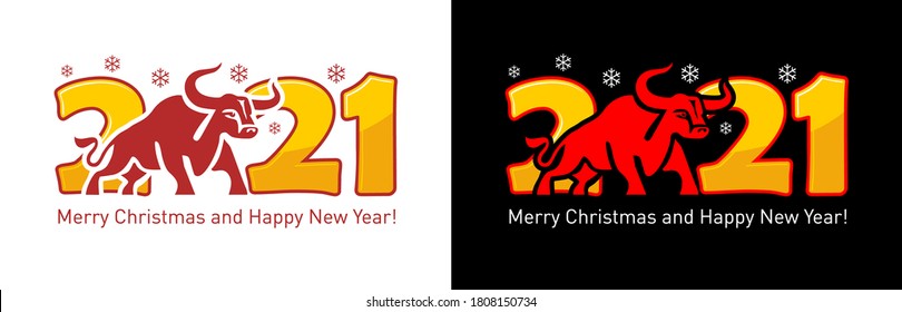 2021 year Logo design. Chinese new year of ox. Metal ox horoscope sign. New year symbol. Flat vector Ox sign isolated on transparent and black  background