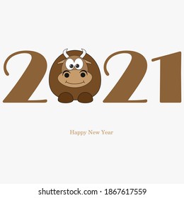 2021 year Logo design. 2021 YEAR of the Ox. Funny bull isolated on a white background.
