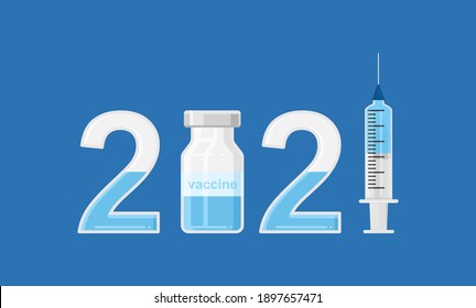 2021 year logo as vaccination campaign illustration. Antiviral covid 19 vaccine Bottle. Covid or coronavirus vaccination concept in 2021 year. Vaccine bottle and syringe among numbers