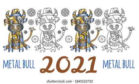 2021 year of the metal bull. Banner. Bull, Chinese zodiac symbol of 2021. Steampunk style Buffalo. Mechanical animal. Asian new year. Colored and linear gobies. Horizontal vector border