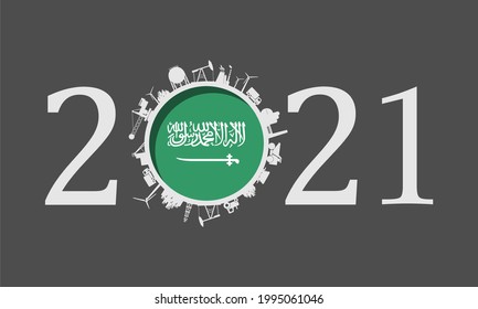 2021 year number with industrial icons around zero digit