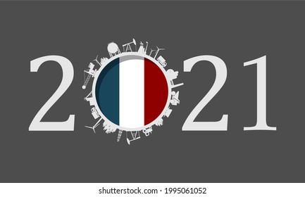 2021 year number with industrial icons around zero digit