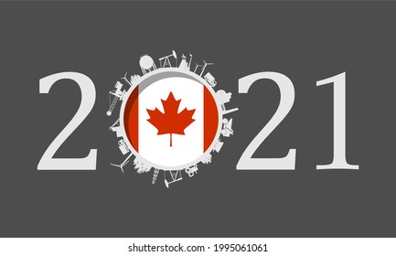 2021 year number with industrial icons around zero digit
