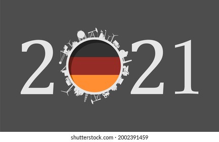 2021 year number with industrial icons around zero digit