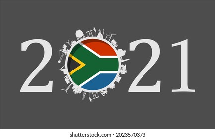2021 year number with industrial icons around zero digit
